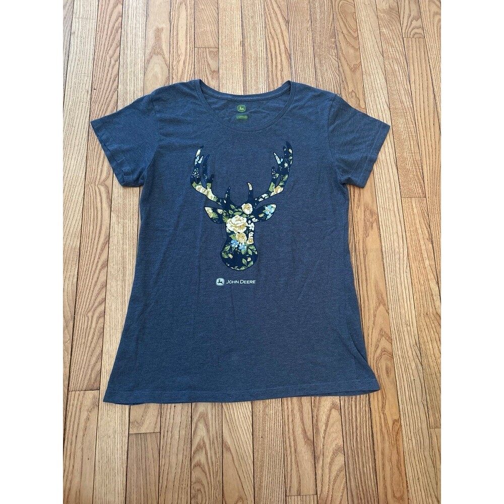 John Deere womens graphic tee crewneck soft country floral animal print blue